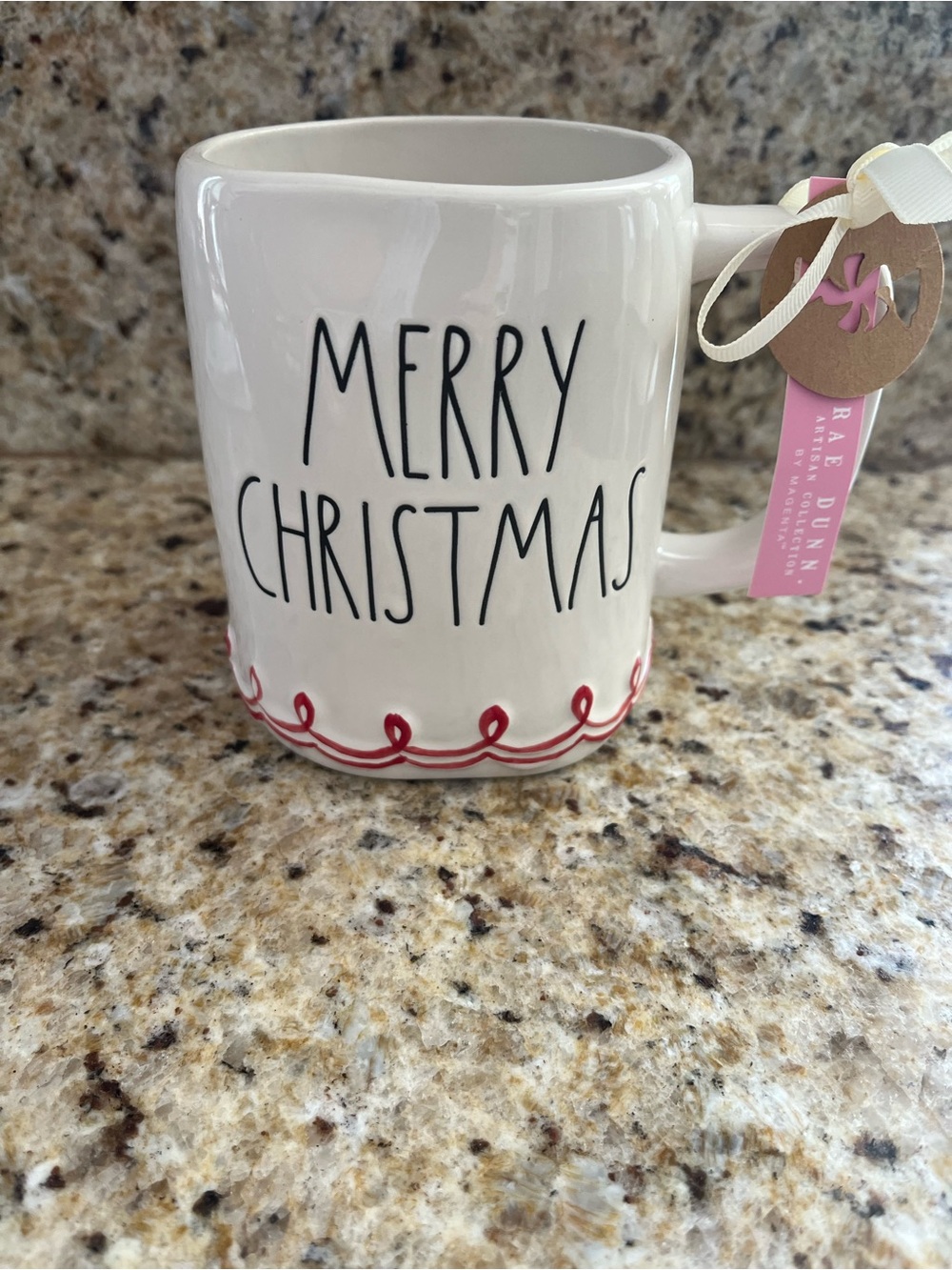 Rae Dunn White Mug with Black Lettering and Red Trim Merry Christmas